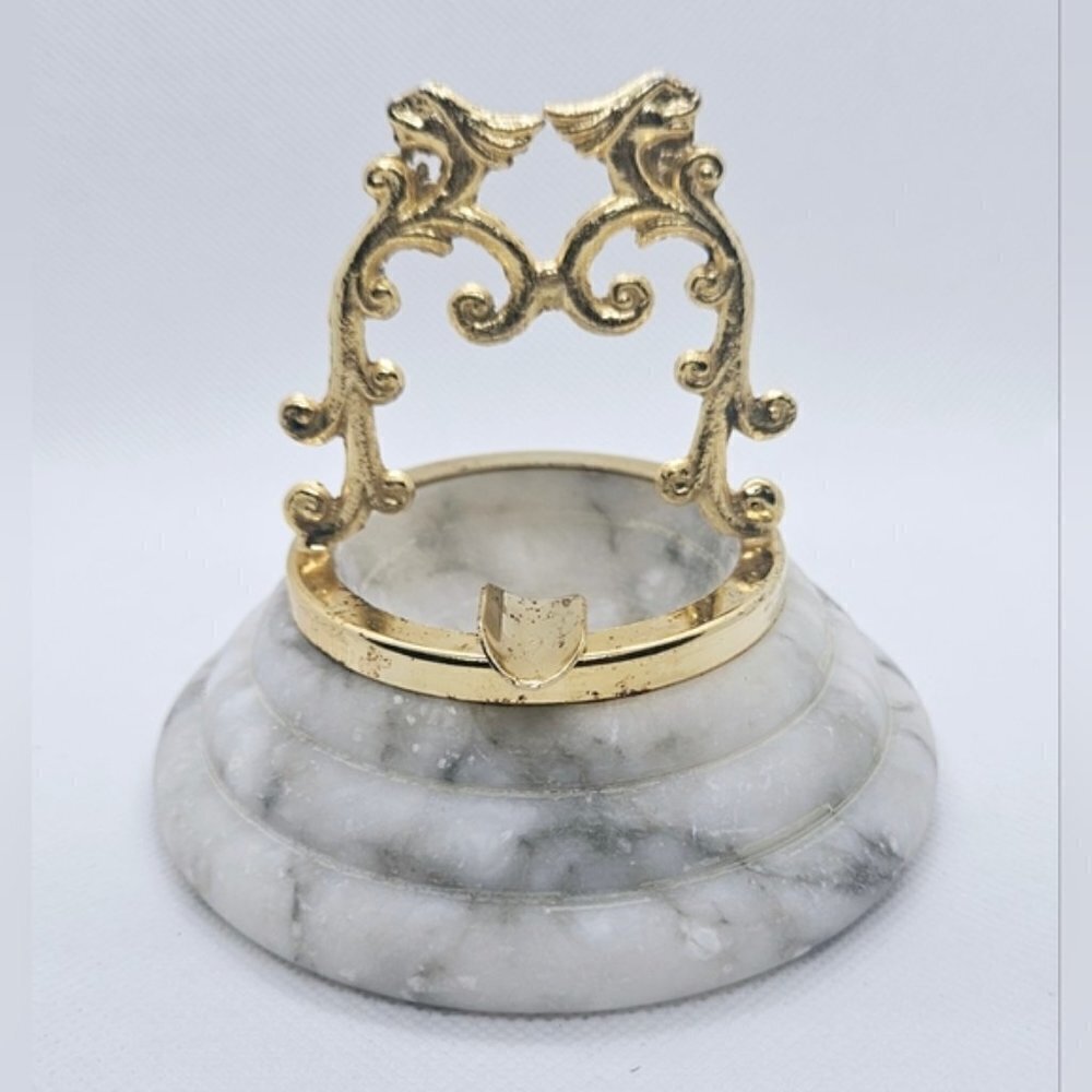 Vintage Marble Ashtray Brass Tone Ornate Scroll Hollywood Regency 1970s